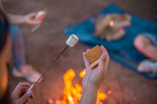 Friends roasting marshmallows and making S'mores outdoors around fire