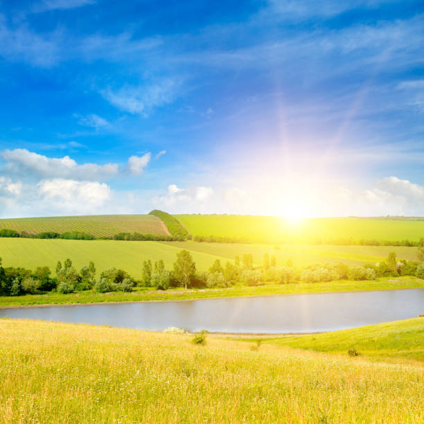 istock Agricultural fields, meadows, lake and bright sun. 1945648782