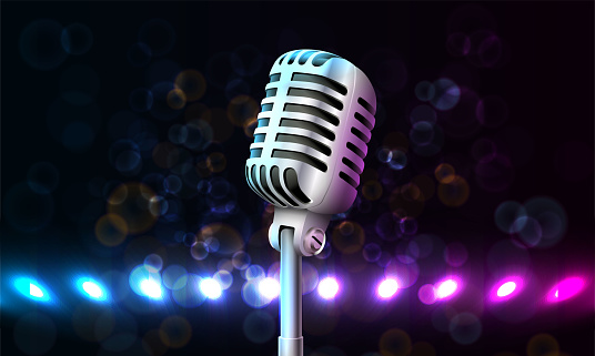 3d realistic vector icon of microphone with colorful sound waves on the background.