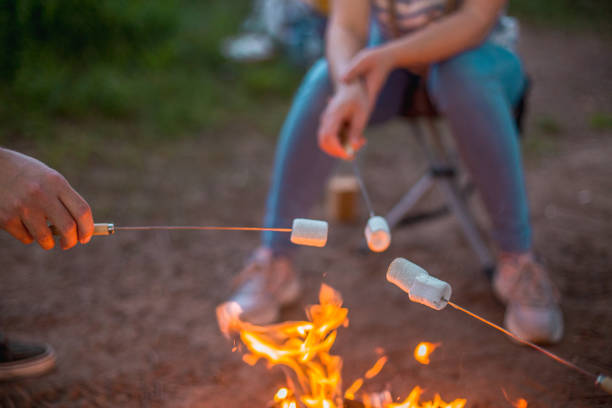 istock Roasting marshmallow over camp fire, friends spending time together outdoors 1945674750