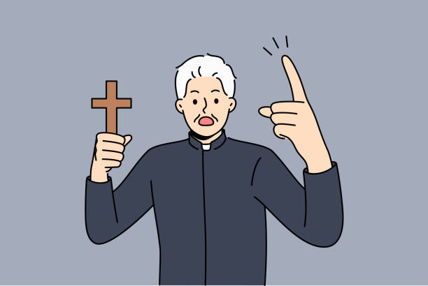 rozgniewany ksiądz z drewnianym krzyżem chrześcijańskim krzyczy, nawołując do myślenia o zbliżającym się dniu sądu - god anger displeased praying stock illustrations