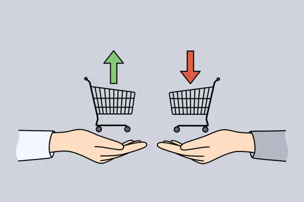 Vector illustration of Traders hands with consumer baskets and up or down arrows symbolize buying and selling bonds