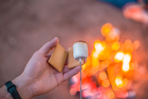 Close up of hands holding S'more made with marshmallow and cookies, in the background fire