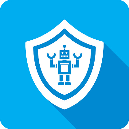 Vector illustration of a shield with robot icon against a blue background in flat style.
