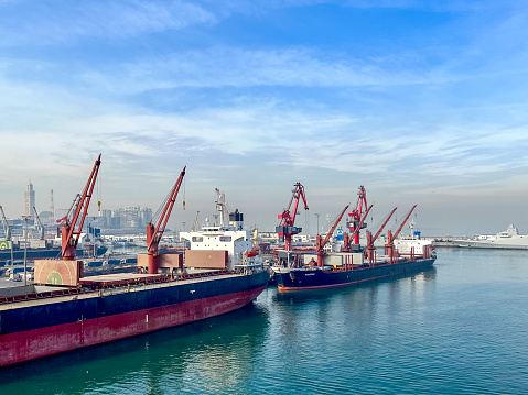 Casablanca, Morocco - December 28, 2023: Vessels and shipping facilites and equipment at the port in Casablanca, Morocco