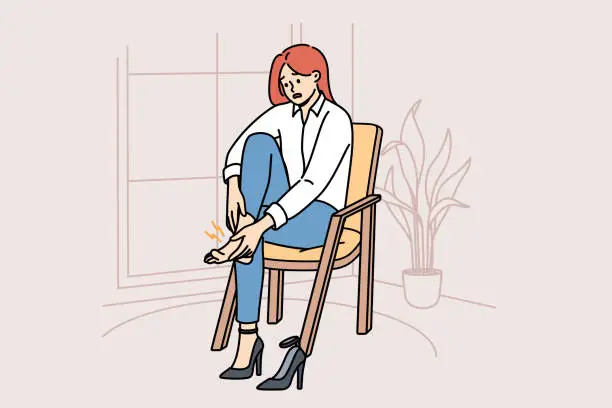 Vector illustration of Woman with varicose veins feels pain in legs due to uncomfortable high-heeled shoes