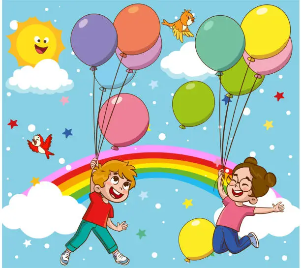 Vector illustration of Children flying on balloons in the sky with rainbows and clouds illustration
