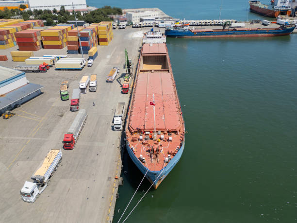 istock Loading operations with a portal crane in a warehouse in the port.Grain transshipment from cargo ship to truck holds 1945715477