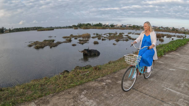 Mature woman rides bicycle through rice paddies