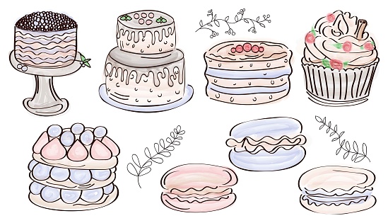 doodle sweets, cartoon watercolor cakes and pastries