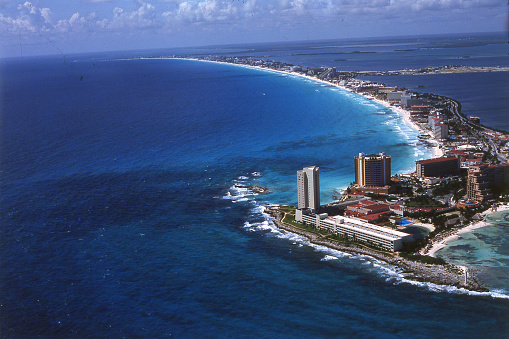 An aerial image of a beach in Cancun, Mexico.