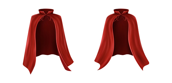 3d realistic vector icon illustration. Set of red capes. Flowing, wavy fabric for carnival, vampire, witches or illusionists.