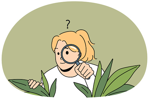 Curious young woman with magnifying glass hide in bushes spy after people or neighbors. Suspicious girl feel confused and doubtful look with magnifier. Vector illustration.