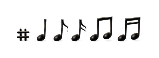 illustrazioni stock, clip art, cartoni animati e icone di tendenza di realistic vector icon set of music symbols notes of clef, bass or treble. tune quaver notes. - treble clef three dimensional shape black sign