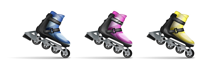 3d realistic vector icon. Set of colorful roller skates isolated on white background.
