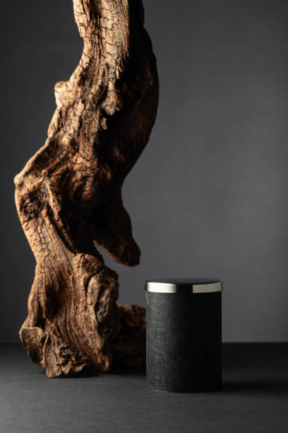 istock Black empty podium and dried snag on a black background. 1945774322