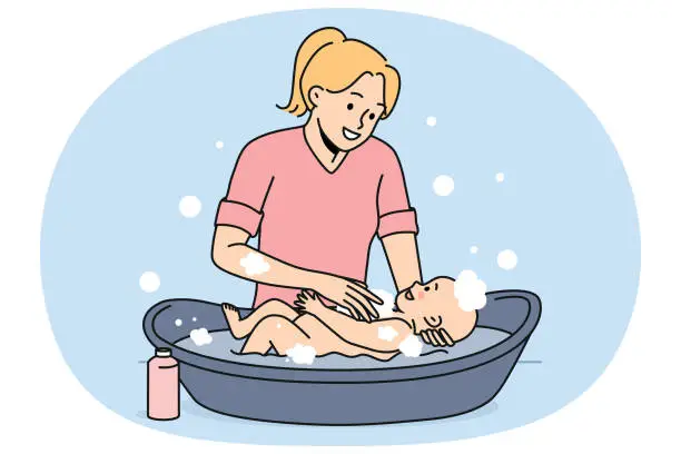 Vector illustration of Smiling mother washing newborn baby