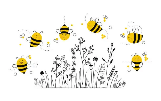 Vector illustration of Bees and wild herbs, flowers and leaves