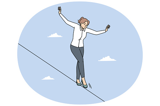 Young businesswoman walking on rope balancing in daily tasks at workplace. Female employee on tightrope show courage and risk at work. Vector illustration.