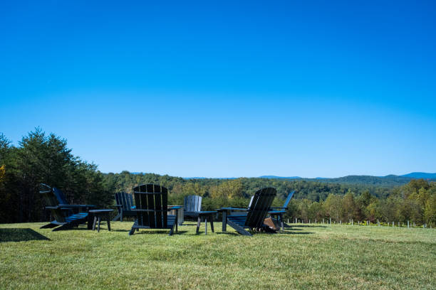 istock Black Adirondack Chairs on Green Grass Outdoors in the Mountains 1945792152