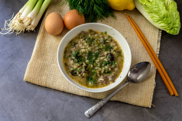 National Greek soup Magiritsa close-up