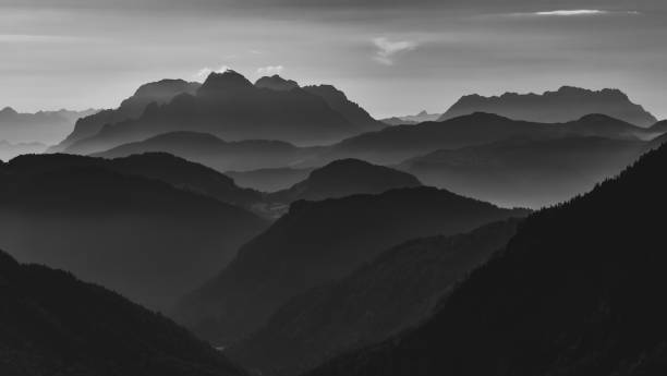 istock monochrome view from Wilder Kaiser towards Loferer Steinberge mountains, Tyrol, Austria 1945846101