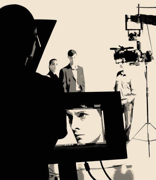 istock Printmaking Style Illustration of People Working Behind the Scenes while Filming on a Movie Set 1945870362