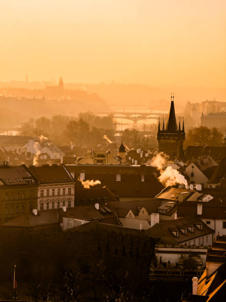 Dawn over Prague. The urban skyline of an ancient European city at dusk.