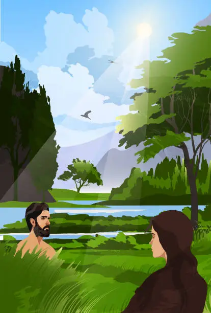 Vector illustration of Adam and Eve stand in the garden of Eden.