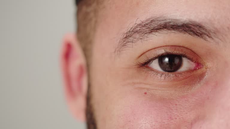 Muslim man half-face portrait, brown eye. Male egyptian eyes close-up. Ophthalmology concept.