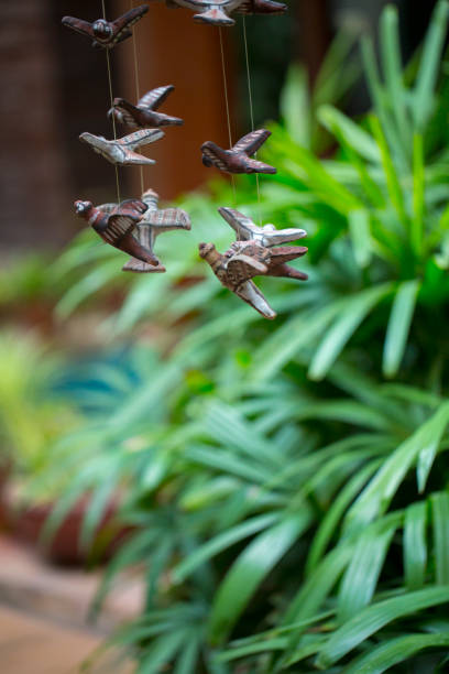 Birds made with clay and painted for a hanging by a potter in front of a lush green foliage stock photo