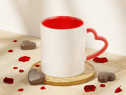White and Red Heart Shaped Handle 11 oz Ceramic Mug Mock Up with Soft Window Shadows on a Wooden Floor Table Bench with Red Petals and Chocolates. Valentine’s Day concept as 3D Rendering