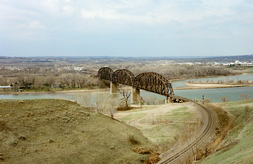 The iconic Bismarck-Mandan rail bridge in the spring. Taken around 2001.