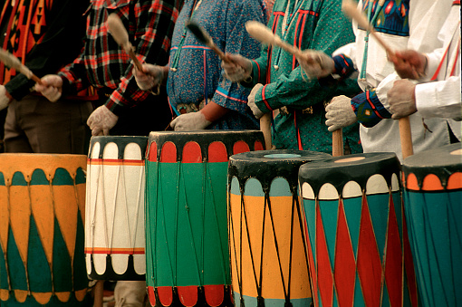 Native American drummers from a New Mexico Pueblo are participating in celebrations of music and dance. A long tradition of their ancestors. You can feel the rhythm of the drums.