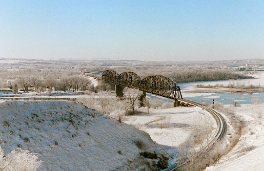 The iconic Bismarck-Mandan rail bridge in the winter. Taken around 2001.