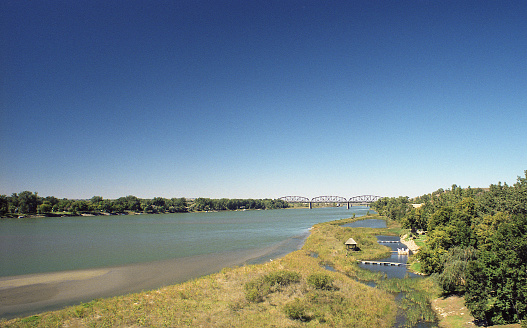 View facing North from the original Memorial Bridge in Bismarck, North Dakota. Taken around 2001.
