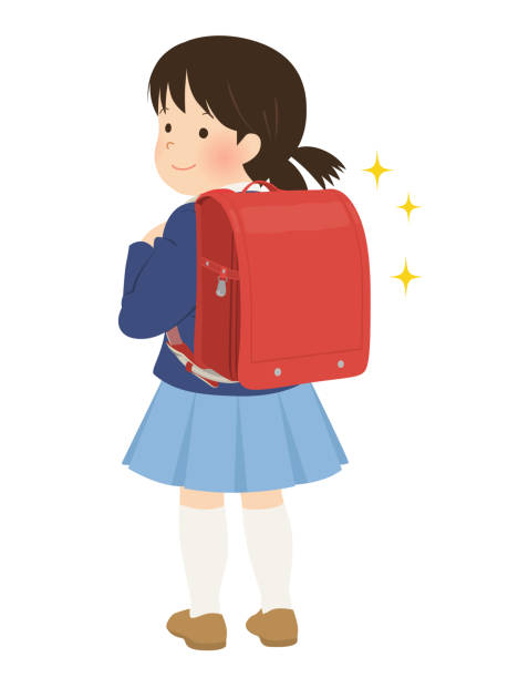 ilustrações de stock, clip art, desenhos animados e ícones de a new first grade girl carrying a school bag (back view) - dress to impress