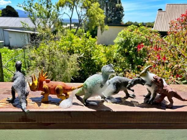 A child's dinosaur collection sits drying outside with soap bubbles after gathering dust.