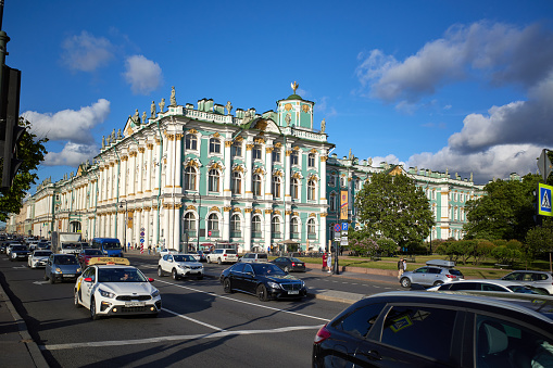 Sankt-Petersburg, Russia - June 02, 2023: Winter Palace and Hermitage Museum in St. Petersburg, Russia. The Winter Palace was the official home of Russian monarchs until 1917. It now houses the Hermitage Museum and contains one of the world's greatest art collections.
