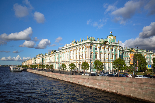 Sankt-Petersburg, Russia - June 02, 2023: Winter Palace and Hermitage Museum in St. Petersburg, Russia. The Winter Palace was the official home of Russian monarchs until 1917. It now houses the Hermitage Museum and contains one of the world's greatest art collections.