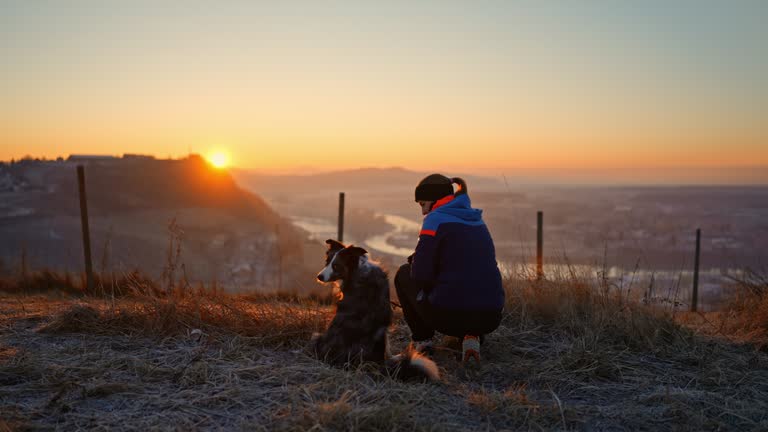 SLO MO Rear View of Young Woman with Cute Border Collie Dog Enjoying Beautiful View of Sunset