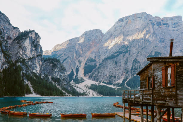 Scenic mountain range above the Lago di Braies in Dolomites, Italy