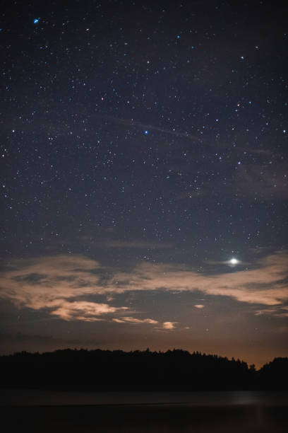 istock Natural real starry night sky, lake and sunrise 1946165960