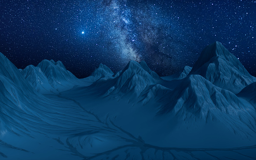 Mountains landform outdoors at night, 3d rendering. 3D illustration.