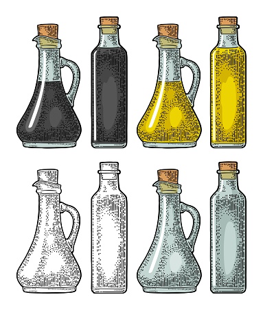 Glass bottle for sauce or oil with cork stopper. Vector color vintage engraving illustration. Isolated on white background