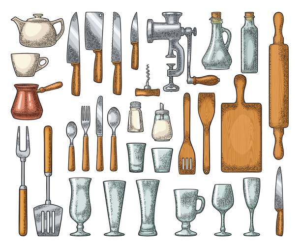 ilustraciones, imágenes clip art, dibujos animados e iconos de stock de set kitchen utensils. vector vintage engraving isolated on white - salt domestic kitchen bowl sparse
