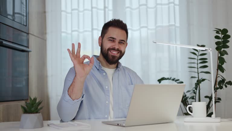 Handsome young freelancer showcasing positive emotion and displaying ok gesture with fingers in home workspace. Caucasian bearded male making hand sign to signify agreement or approval indoors.