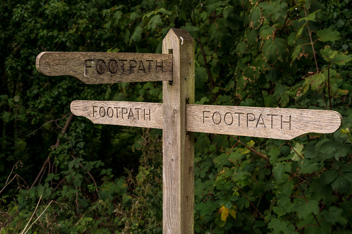 All Roads lead to Rome, Footpath-Sign pointing in all directions, seen in Warsash, Hampshire, England, UK