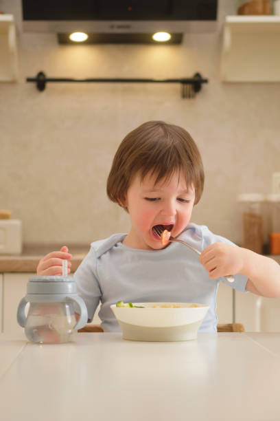 istock A child eats vegetable salad with a fork while sitting at a table in a home kitchen. Cute little boy eating with fork. Toddler baby two years old at dinner 1946265444