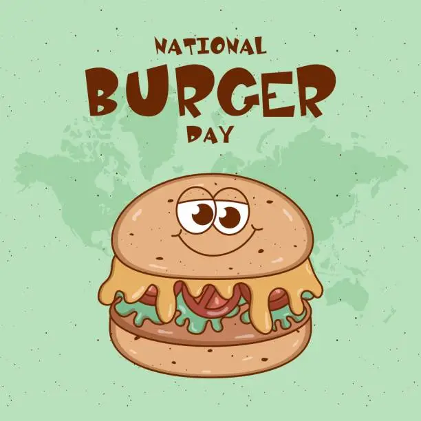 Vector illustration of National Burger Day concept holiday. Retro groovy cartoon character Burger banner. Vintage fast food retro colors. Flat style. Funky vector illustration